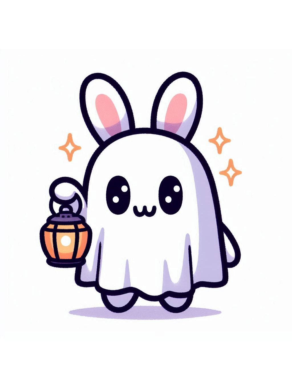halloween cute animals drawings of a ghostly bunny holding a lantern with twinkling stars around.